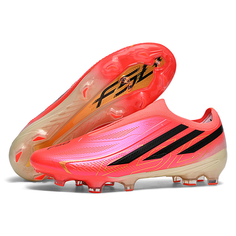 Laceless Slip-On AG Soccer Cleats, Stretch Knit Sock Collar Micro Rib Embossed Synthetic Football Boots, Gradient Three Stripes Lightweight Competition Cleats for Outdoor Long-Blade Artificial Grass Pitches-zusheng2722