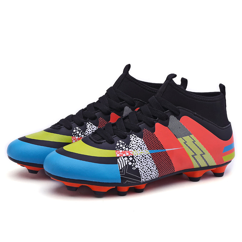 Youth High Sock Collar AG Soccer Cleats, Lace-Up Wave Dot Synthetic Leather Three Stripes Graphic Football Boots, Transparent Conical Hard Stud Professional Competition Cleats for Natural Grass & Long-Pile Artificial Turf-junhao1703