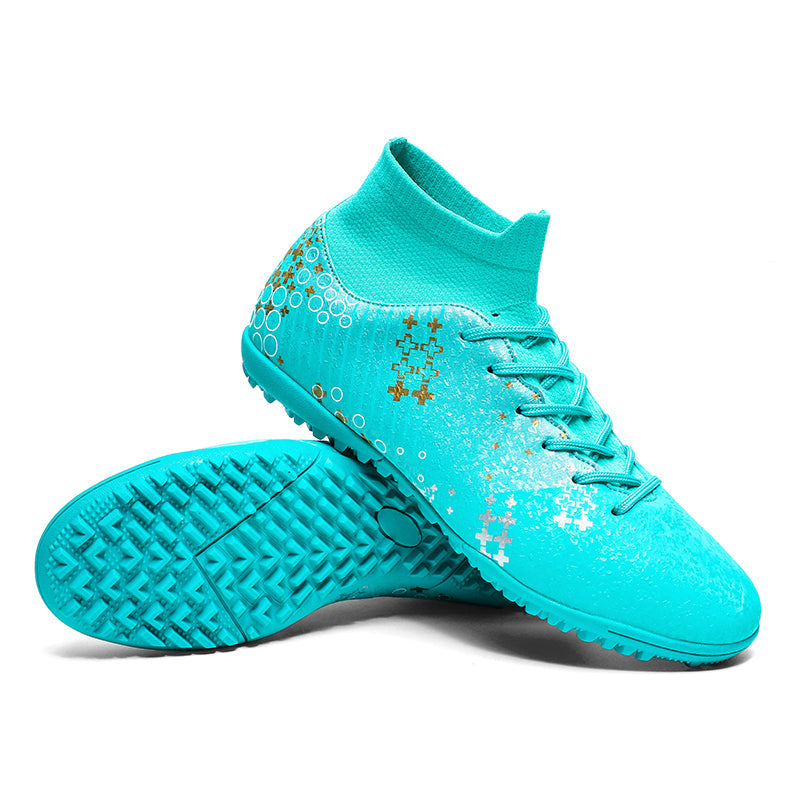 TF Turf Soccer Cleats, Sock‑Collar High‑Ankle Lace‑Up Turf Football Boots, Pixel Cross & Circle Gradient Print Upper TF‑Stud Soccer Shoes for Adult & Youth Artificial Turf & Hard Ground Training & Competition, Multi‑Color Options-xile2461