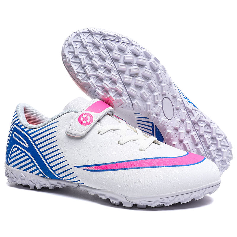Kids TF Turf Soccer Cleats, Single Hook-and-Loop Velcro Strap Synthetic Football Shoes, Gradient Linear Stripe Crack Texture Youth Training Athletic Boots for Indoor Courts & Short Artificial Turf-zusheng246