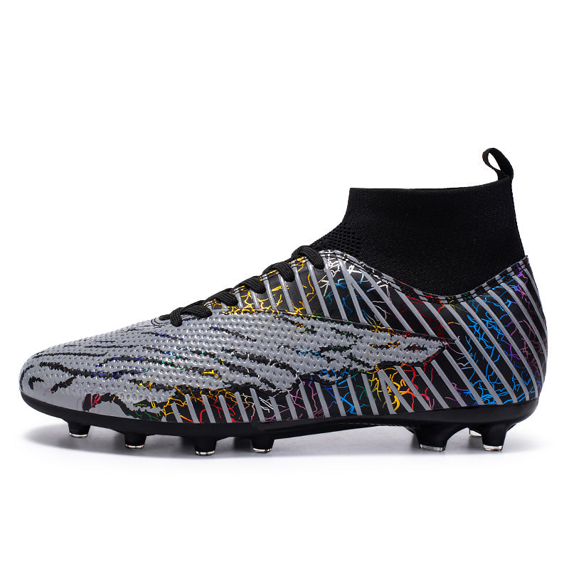 High Sock Collar AG Soccer Cleats, Lace-Up Perforated Dot Woven Knit Gradient Crack Line Graphic Football Boots, Transparent Conical Hard Stud Professional Competition Cleats for Natural Grass & Long-Pile Artificial Turf-junhao-D150