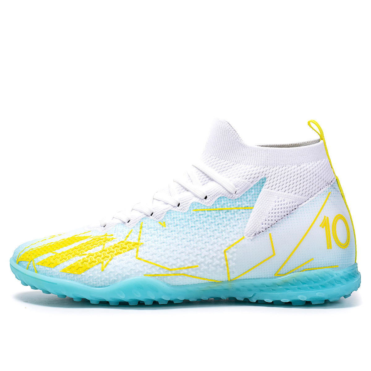 High Ankle Sock TF Turf Soccer Cleats, Lace-Up Breathable Knit Mesh Number 10 Geometric Line Print Football Boots, Non-Marking Wave Block Rubber Training Shoes for Indoor Hard Courts & Short Artificial Turf-Xinma-MX10
