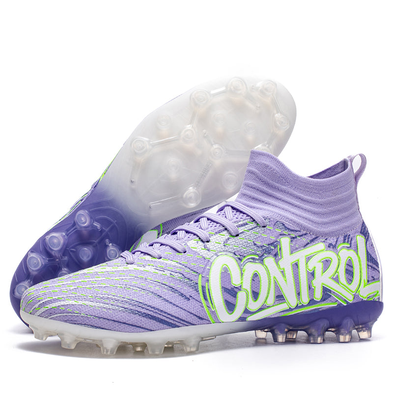 Artificial Grass Soccer Cleats, High-Top Knit Football Shoes, Graffiti "CONTROL" Print Anti-Slip Athletic Boots for Synthetic Turf-Hxh788G