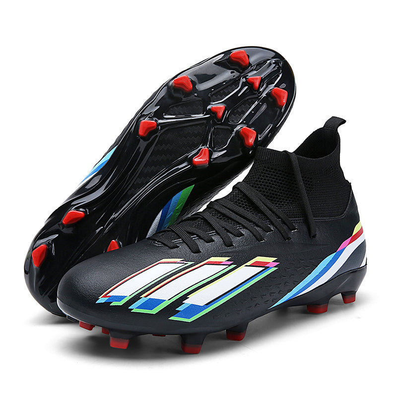 Youth High Sock Collar AG Soccer Cleats, Lace-Up Embossed Dot Synthetic Leather Rainbow Three Stripes Graphic Football Boots, Transparent Conical Hard Stud Professional Competition Cleats for Natural Grass & Long-Pile Artificial Turf-ysxd2366