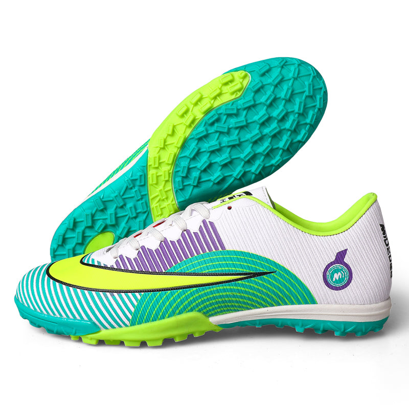 Youth Low-Top Lace-Up TF Turf Soccer Cleats, Gradient Diagonal Stripe Woven Knit Swoosh Graphic Football Shoes, Non-Marking Pyramid Short Rubber Training Cleats for Indoor Hard Courts & Short Artificial Turf-junhao1212-1
