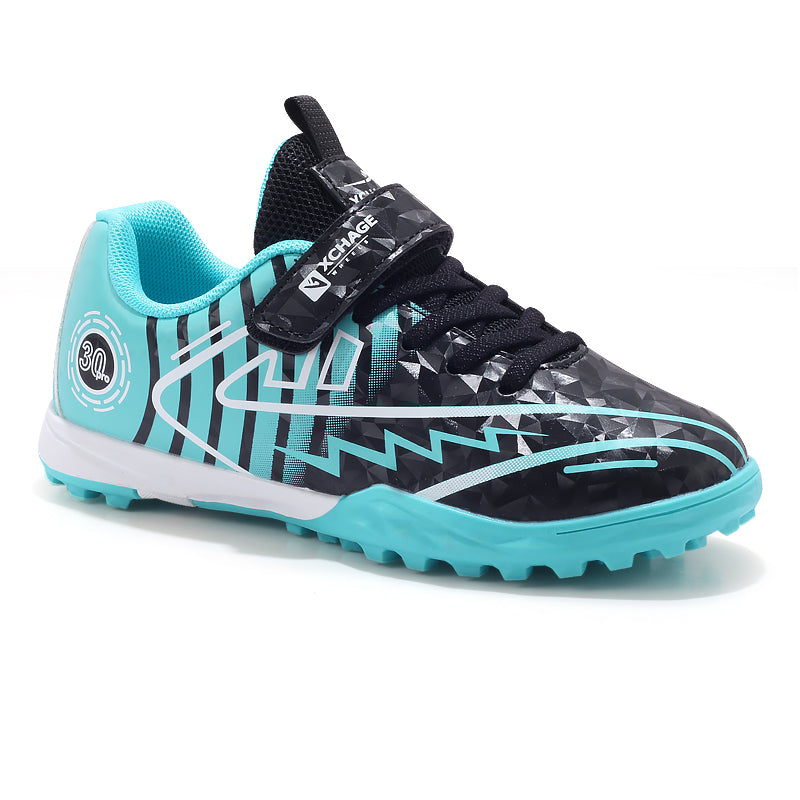 Turf Soccer Cleats, Low-Top Hook-and-Loop Velcro Strap Synthetic Football Shoes, Diamond Texture Lightning Graphic Youth Training Athletic Boots for Indoor Courts & Short Artificial Turf-zusheng72016