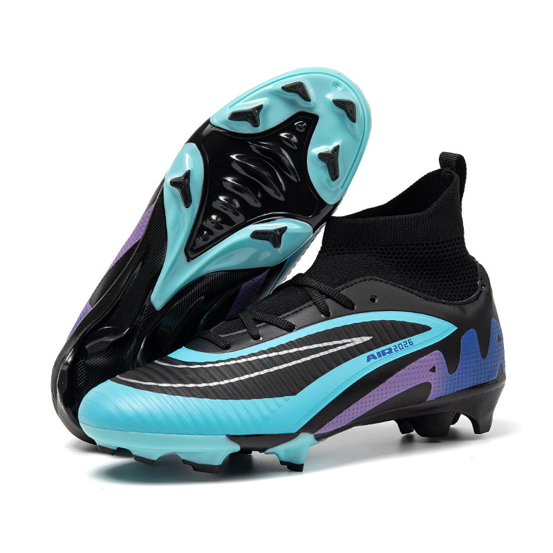 Hight Knit Collar AG Soccer Cleats, Lace-Up Vertical Rib Embossed Synthetic Football Boots, Gradient AIR2026 Graphic Lightweight Competition Cleats for Outdoor Long-Blade Artificial Grass Pitches-zusheng-A565