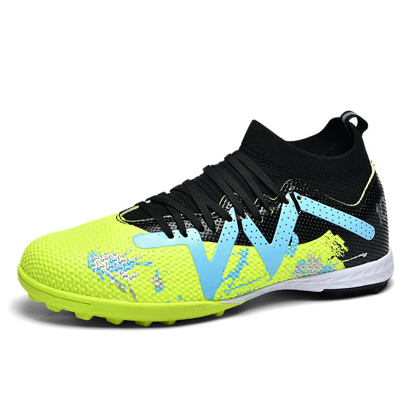 Youth Mid Cut Sock TF Turf Soccer Cleats, Lace-Up Textured Knit Upper Splatter Graffiti W Shape Graphic Football Boots, Non-Masking Short Stud Rubber Training Shoes for Indoor Hard Courts & Short Artificial Turf-Xinma99K-3