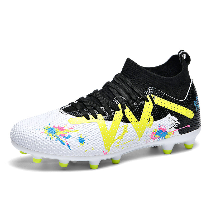 Youth Mid Cut Sock AG Soccer Cleats, Lace-Up Textured Knit Upper Splatter Graffiti W Shape Graphic Football Boots, Transparent Conical Hard Stud Professional Competition Cleats for Natural Grass & Long-Pile Artificial Turf-xinma99K-2