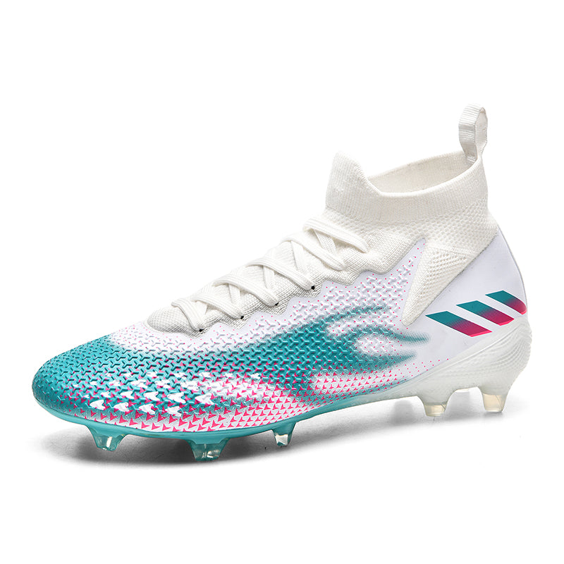 Youth High Sock Collar AG Soccer Cleats, Lace-Up Gradient Triangle Textured Knit Three Stripes Graphic Football Boots, Transparent Conical Hard Stud Professional Competition Cleats for Natural Grass & Long-Pile Artificial Turf-junhao98K