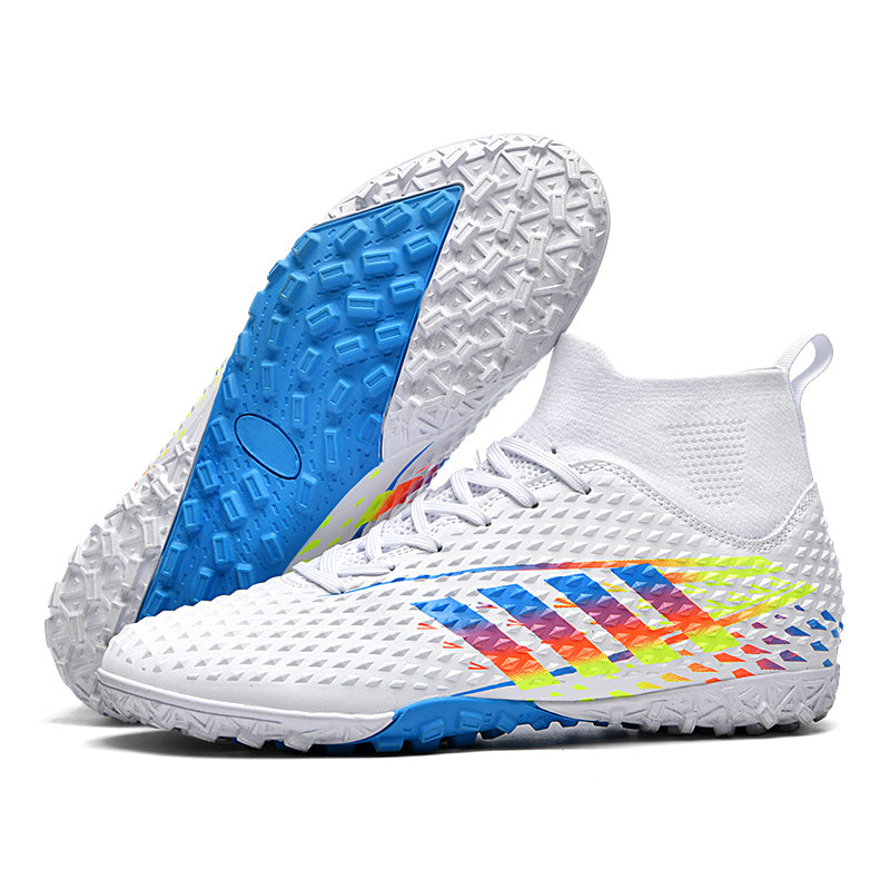 Men's High-Top Soccer Cleats - Textured Upper TF Turf Football Boots with Rainbow Stripes for Training & Match-WEJIESS266