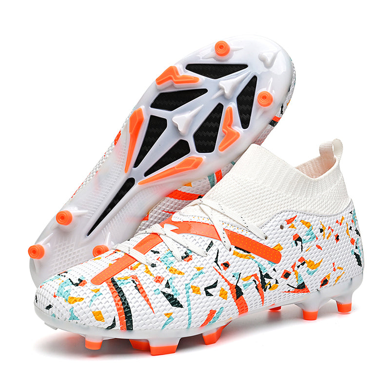 High-Top Soccer Cleats, Abstract Graffiti Print Artificial Grass Football Boots, Breathable Knit Collar Training Sneakers-Yinzu2805