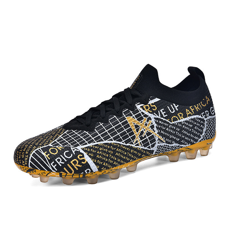 Sock Collar AG Soccer Cleats, Lace-Up Grid Woven Knit Motivational Text Graffiti Print Football Boots, Transparent Gradient Conical Hard Stud Professional Competition Cleats for Natural Grass & Long-Pile Artificial Turf-Zusheng2621