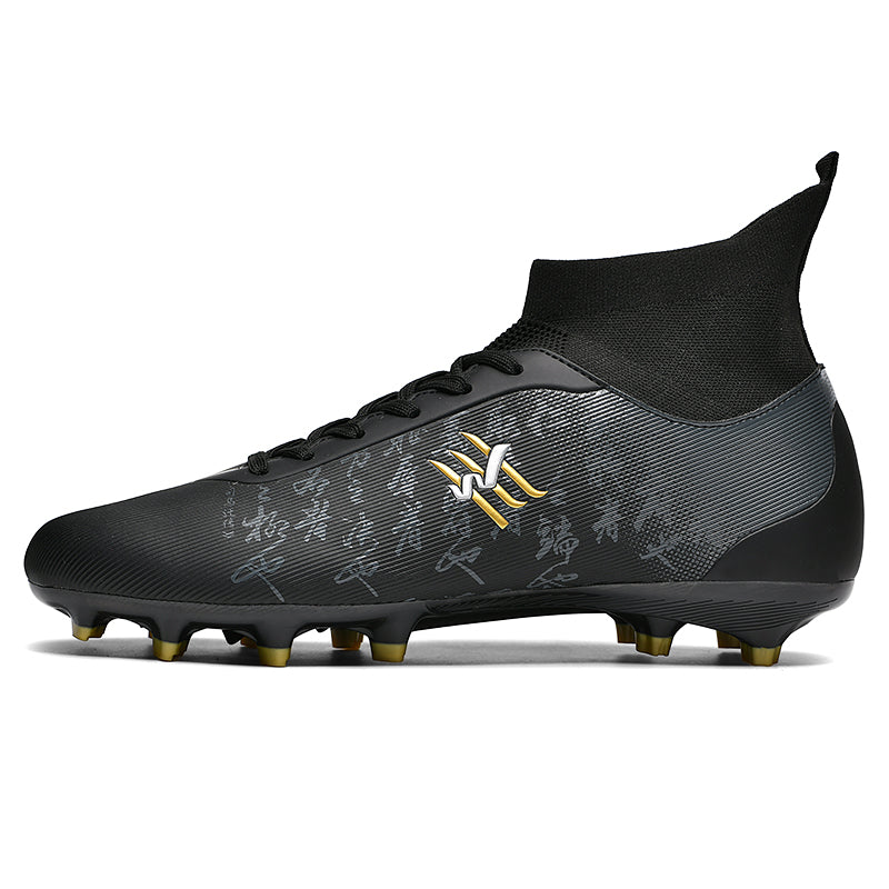 Artificial Grass Soccer Cleats, High-Top Chinese Calligraphy Print Football Shoes, Anti-Slip Athletic Boots for Synthetic Turf-Hxh-ZJ883-1