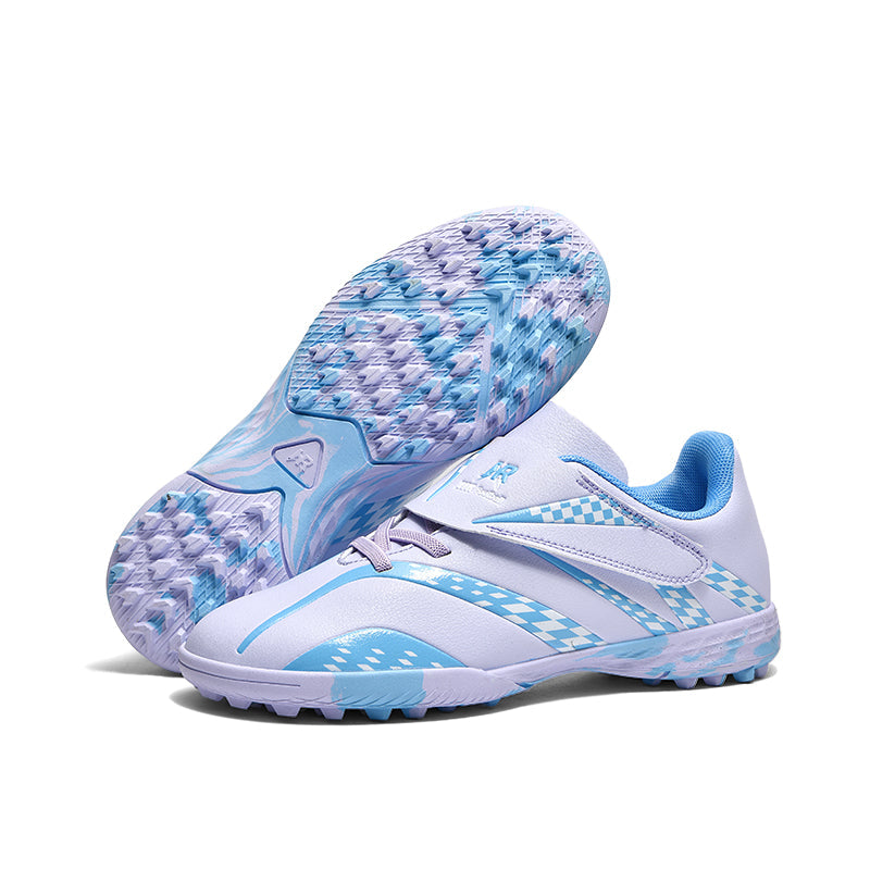 Turf Soccer Cleats, Hook-and-Loop Football Shoes with Checkerboard & Camo Print, Breathable Athletic Boots for Boys Girls-Hxh-HR588