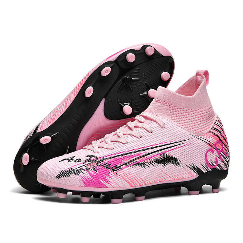 Artificial Grass Soccer Cleats, CR7-Inspired High-Top Knit Football Shoes, Graffiti Print Anti-Slip Athletic Boots for Synthetic Turf-Hxh-H003