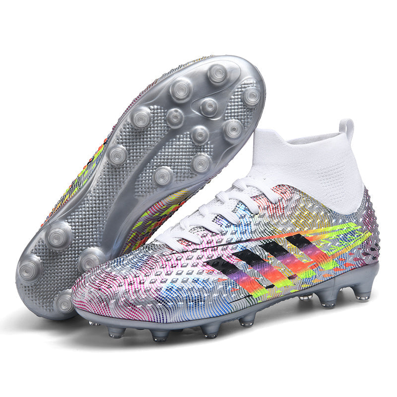Hight Sock AG Soccer Cleats, Lace-Up Full 3D Raised Bump Synthetic Football Boots, Rainbow Gradient Three Stripes Graphic Knit Sock Ankle Lightweight Competition Athletic Shoes for Outdoor Long-Blade Artificial Turf Matches-zusheng6088