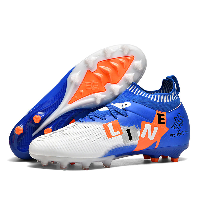 Artificial Grass Soccer Cleats, High-Top Knit Football Shoes, Letter Print Anti-Slip Athletic Boots for Synthetic Turf-Hxh-ZJ889-1
