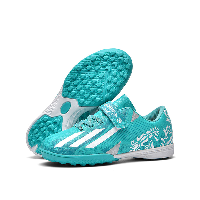 TF Turf Soccer Cleats, Velcro Strap Easy On Lace-Up Synthetic Football Shoes, 3-Stripes Floral Print Lightweight Youth Training Athletic Boots for Indoor Courts & Short Artificial Turf-zusheng1704