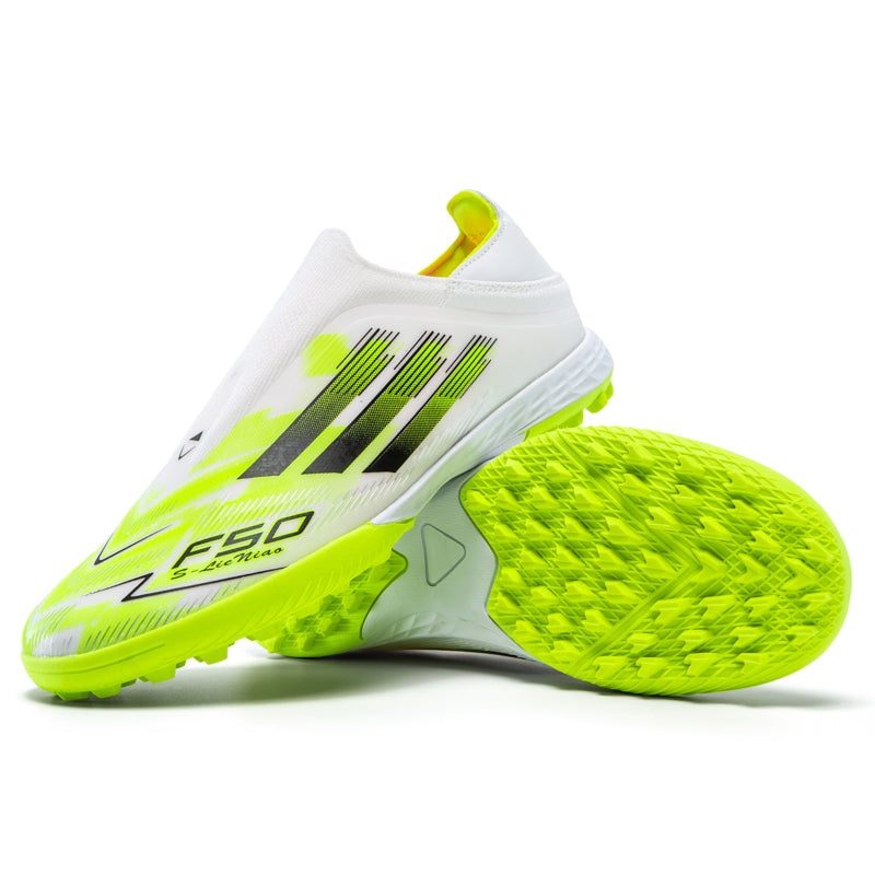 Turf Soccer Cleats, Laceless Slip-On Football Shoes with Gradient Three-Stripe F50 Graphic Print, Breathable Lightweight Athletic Boots for Indoor Courts Artificial Turf Training-zusheng-X2010-1