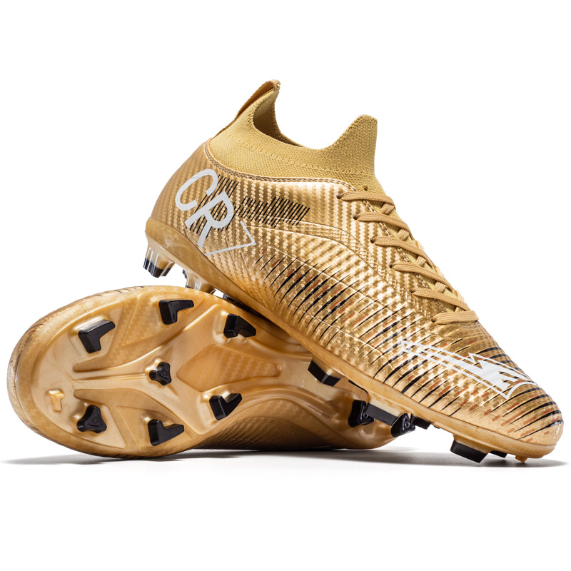 Artificial Grass Soccer Cleats, CR7-Inspired High-Top Knit Football Shoes, Gradient Line Print Anti-Slip Athletic Boots for Synthetic Turf-Hxh-X2502