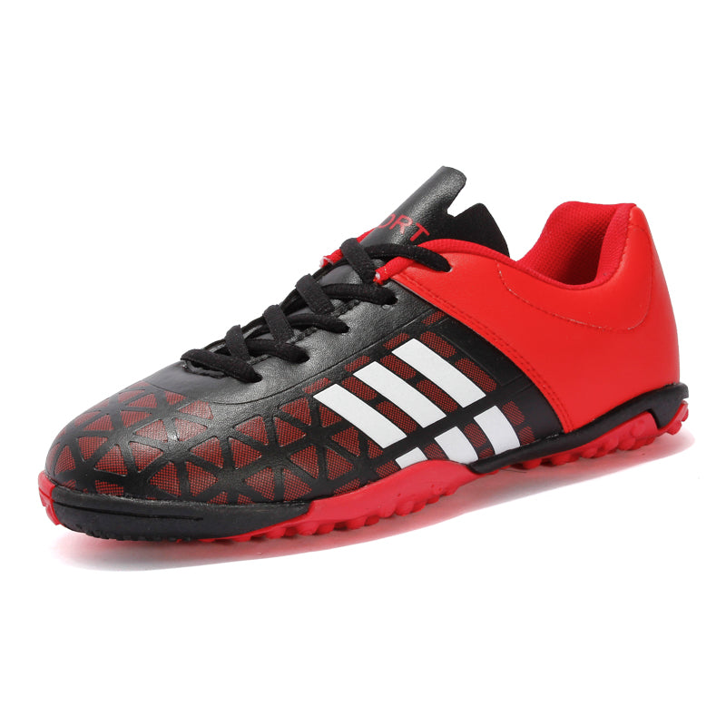 TF Turf Soccer Cleats, Lace-Up Triangle Grid Embossed Synthetic Leather Three Stripes Football Shoes, Non-Marking Pyramid Short Rubber Training Cleats for Children Indoor Hard Courts & Short Artificial Turf-junhao1610-1