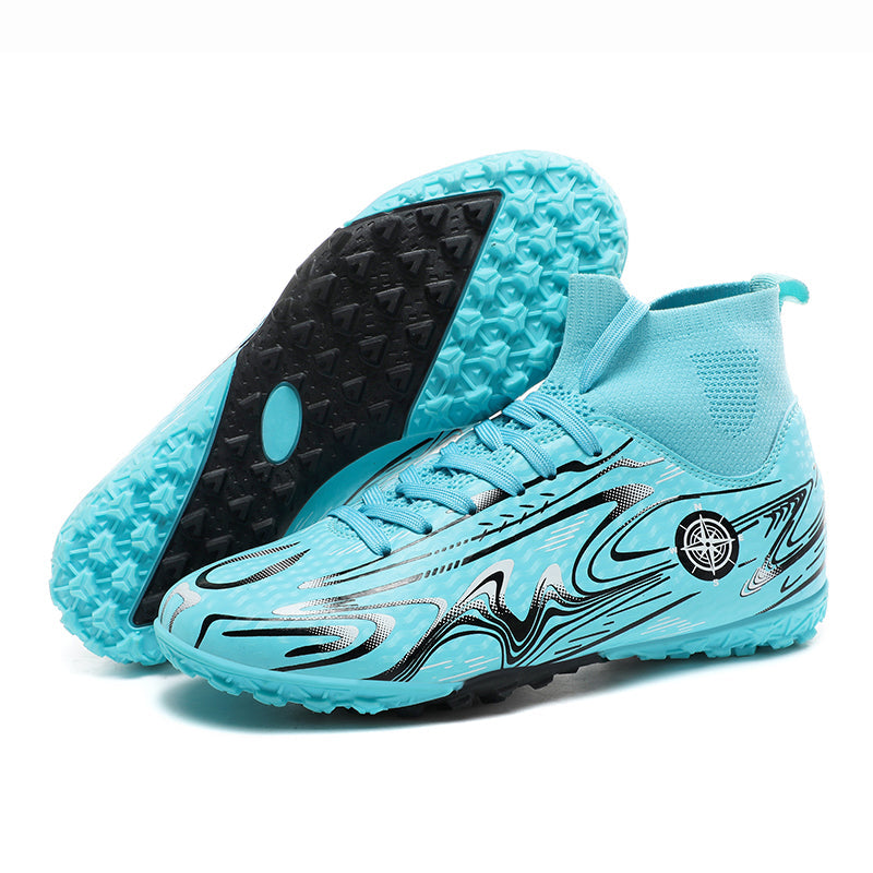  Turf Soccer Cleats with High-Top Knit Sock Collar, Abstract Wave Print Football Shoes, Non-Slip Training Sneakers for Artificial Turf -Yinzu2801