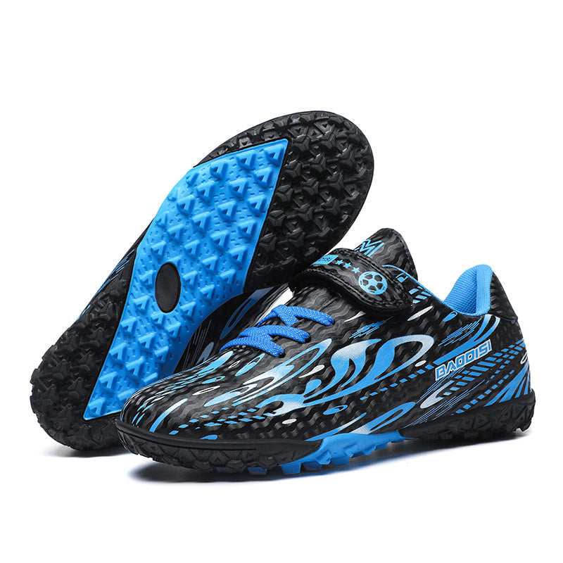 Turf Soccer Cleats, Single Hook-and-Loop Velcro Strap Synthetic Football Shoes, Dynamic Flame Streamline Graphic Youth Training Athletic Boots for Indoor Courts & Short Artificial Turf-zusheng189M-1