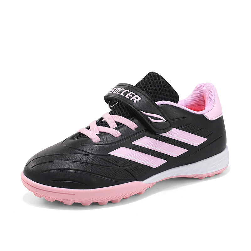 TF Turf Soccer Cleats, Hook-and-Loop Strap Easy On Three Stripes Embossed Synthetic Leather Football Shoes, Non-Marking Pyramid Short Rubber Training Cleats for Children Indoor Hard Courts & Short Artificial Turf-zusheng288