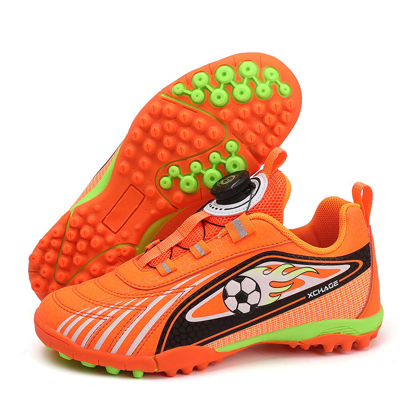 TF Turf Soccer Cleats, Rotary Knob Auto Quick Lace Honeycomb Textured Flame Football Graphic Shoes, Non-Marking Pyramid Short Rubber Training Cleats for Children Indoor Hard Courts & Short Artificial Turf-junhao72008