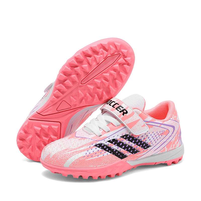 Kids TF Turf Soccer Cleats, Hook-and-Loop Strap Easy-On Dotted Camo Three Stripes Synthetic Leather Football Shoes, Non-Marking Short Pyramid Rubber Training Cleats for Children Indoor Hard Courts & Short Artificial Turf-zusheng5988