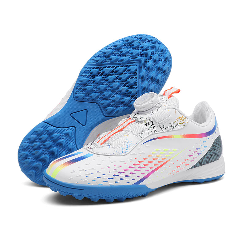 TF Turf Soccer Cleats, Rotary Auto Quick Lock Laces Breathable Perforated Mesh Rainbow Lightning Gradient Football Boots, Non-Marking Pyramid Rubber Training Shoes for Indoor Hard Courts & Short Artificial Turf-Xinma6188