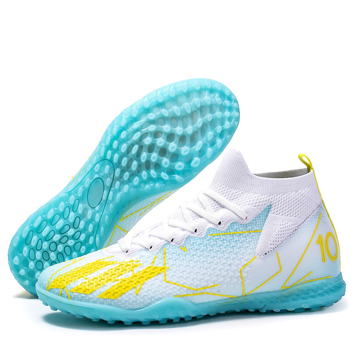 High Ankle Sock TF Turf Soccer Cleats, Lace-Up Breathable Knit Mesh Number 10 Geometric Line Print Football Boots, Non-Marking Wave Block Rubber Training Shoes for Indoor Hard Courts & Short Artificial Turf-Xinma-MX10