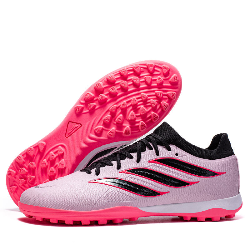 Men Youth Mid-Cut Sock Collar TF Turf Soccer Cleats, Lace-Up Fine Textured Upper Three Stripes Gradient Football Boots, Non-Mapping Pyramid Rubber Training Shoes for Indoor Hard Courts & Short Artificial Turf-Xinma-Z789-1