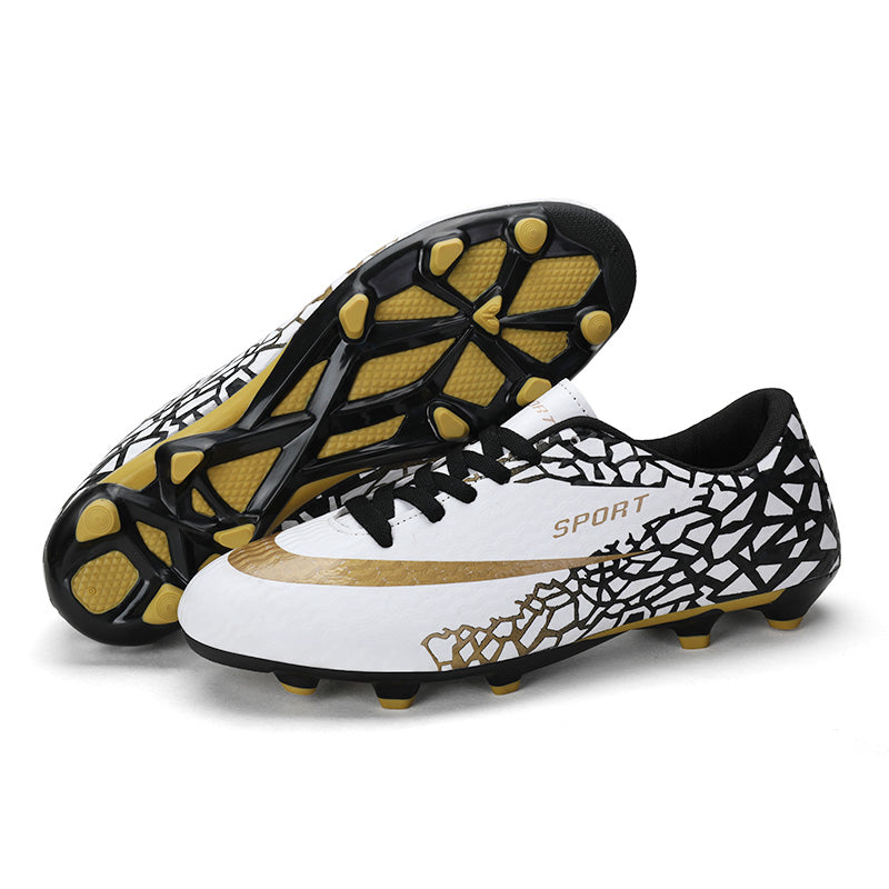 Low Cut AG  Soccer Cleats, Lace-Up Wavy Embossed Synthetic Football Boots, Cracked Fragment Geometric Graphic SPORT Letter Logo Lightweight Competition Athletic Shoes for Outdoor Long-Blade Artificial Turf Matches-zusheng001