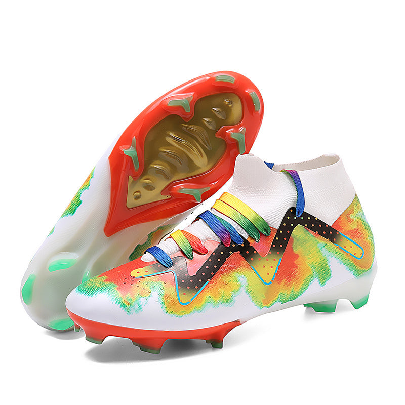 Hight Sock AG Soccer Cleats, Rainbow Gradient Laces Tie-Dye Ink Wash Synthetic Football Boots, Wavy Dot Graphic Lightweight Competition Athletic Shoes for Outdoor Long-Blade Artificial Turf Matches-zusheng-X807