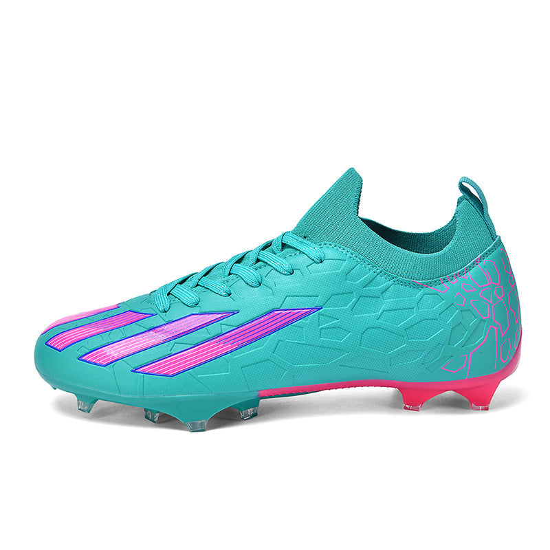 AG Artificial Grass Soccer Cleats, Mid-Top Knit Football Shoes, Three-Stripe &amp; Hexagon Print Anti-Slip Athletic Boots for Synthetic Turf-Hxh2618F