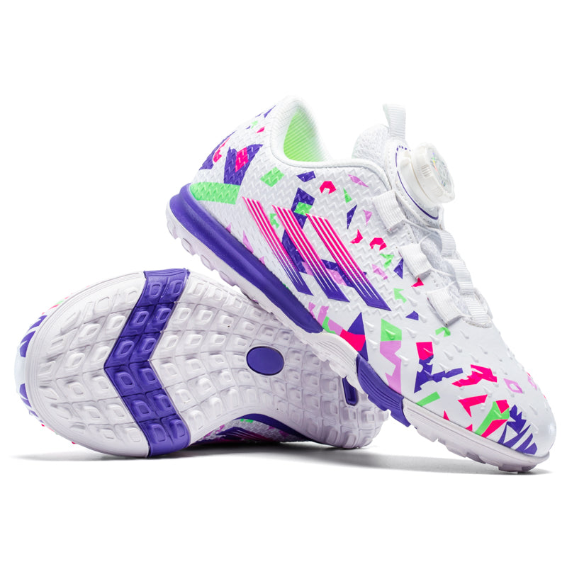 Turf Soccer Cleats, BOA Dial Adjustable Football Shoes with Geometric Print, Breathable Athletic Boots for Boys Girls-Hxh-T6203
