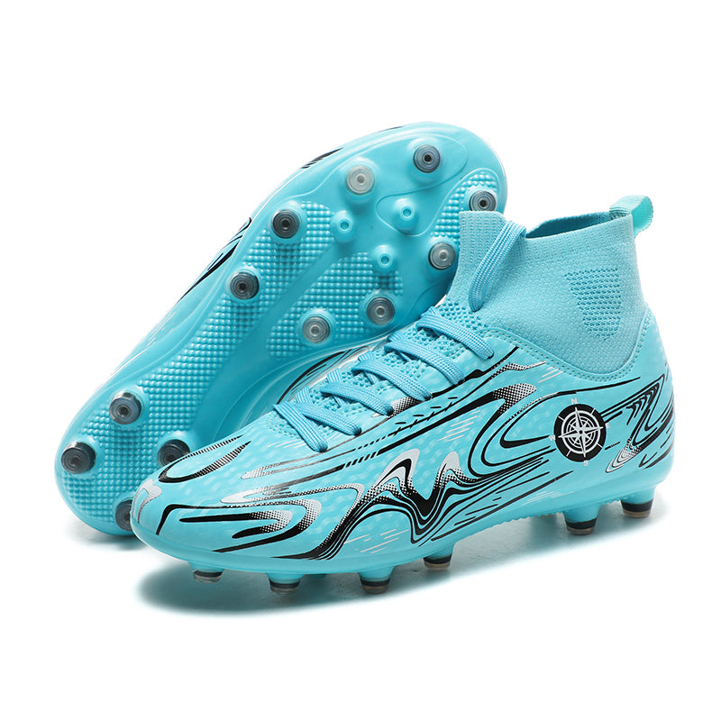 AG Artificial Grass Soccer Cleats, High-Top Knit Sock Collar Football Boots, Abstract Wave Print Artificial Ground Training Sneakers-Yinzu2801