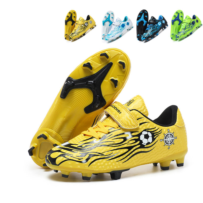 AG Soccer Cleats, Velcro Strap Easy-On Hidden Elastic Laces Synthetic Football Boots, Flame Soccer Ball Compass Graphic Lightweight Youth Competition Athletic Shoes for Outdoor Long-Blade Artificial Turf Matches-zusheng-X219