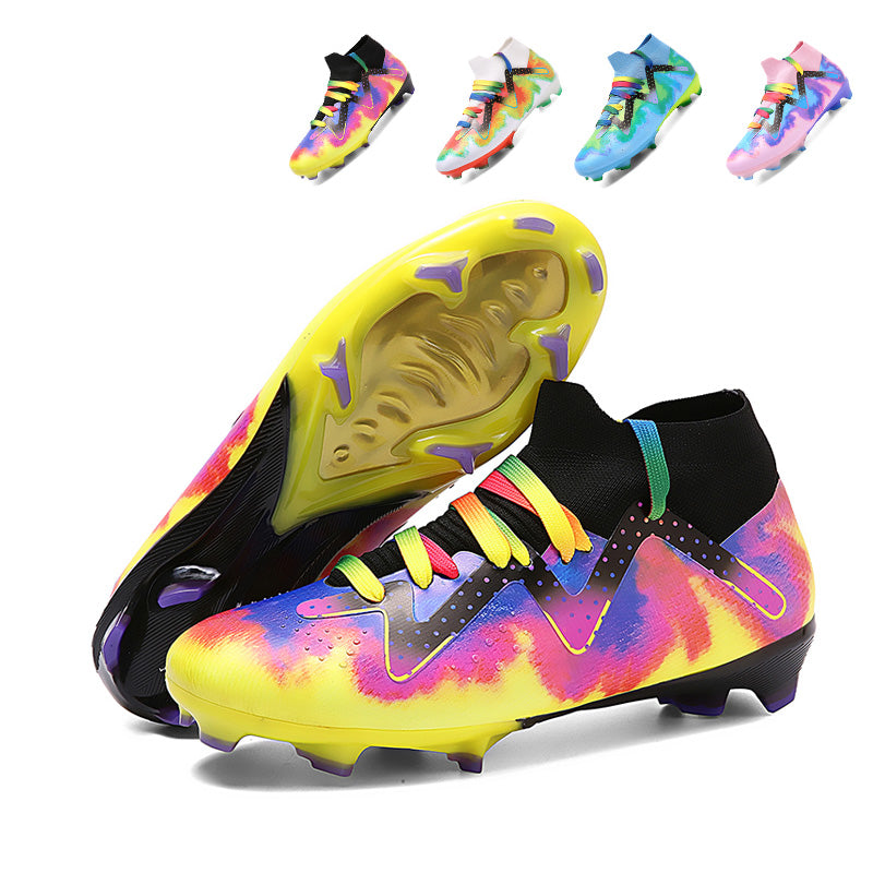 Hight Sock AG Soccer Cleats, Rainbow Gradient Laces Tie-Dye Ink Wash Synthetic Football Boots, Wavy Dot Graphic Lightweight Competition Athletic Shoes for Outdoor Long-Blade Artificial Turf Matches-zusheng-X807