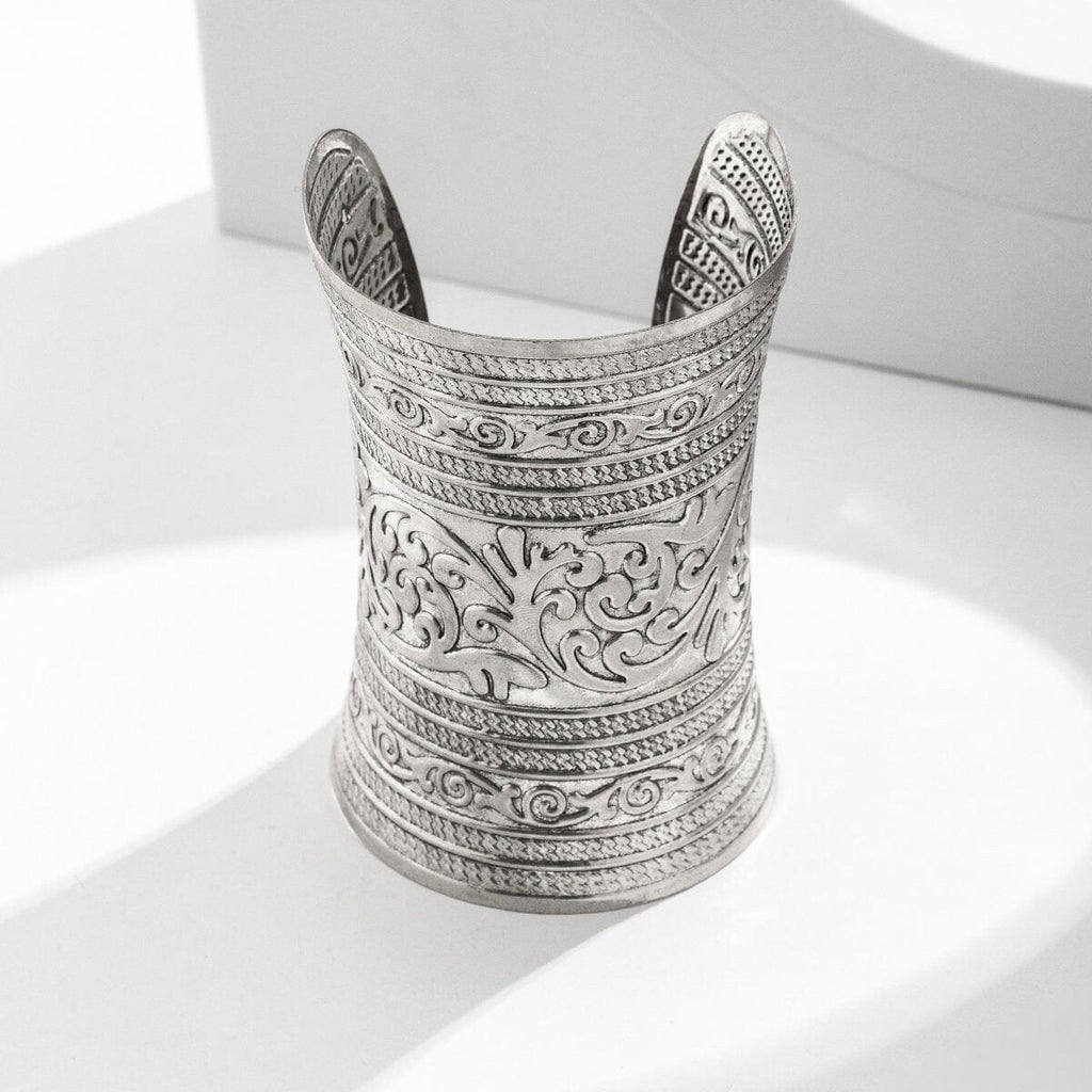 Antique Gold Silver Tone Embossed Floral Wrist Cuff Wrap Wide Bangle