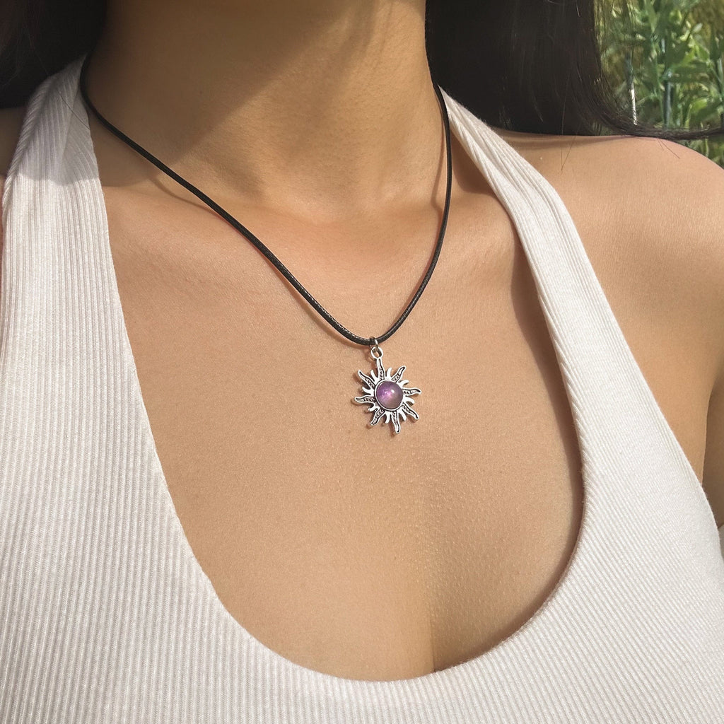 Antique Turquoise Stone Inlaid Sun Pendant Leather String Necklace