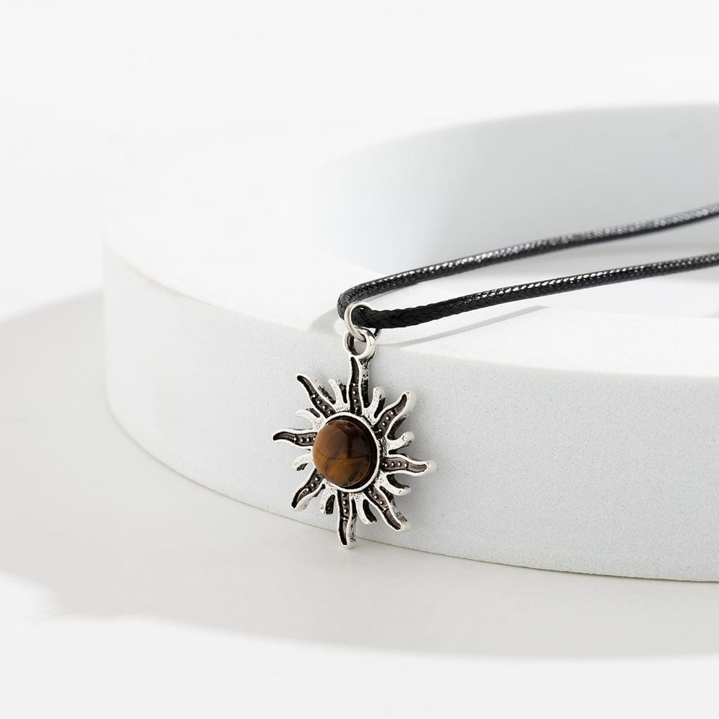 Antique Turquoise Stone Inlaid Sun Pendant Leather String Necklace