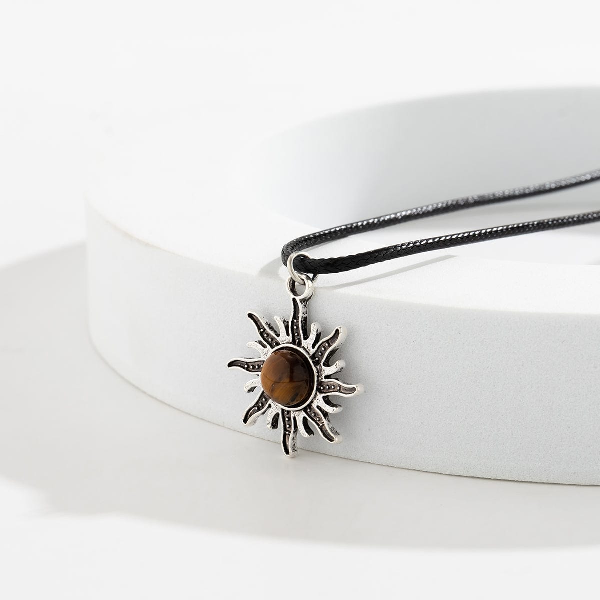 Antique Turquoise Stone Inlaid Sun Pendant Leather String Necklace