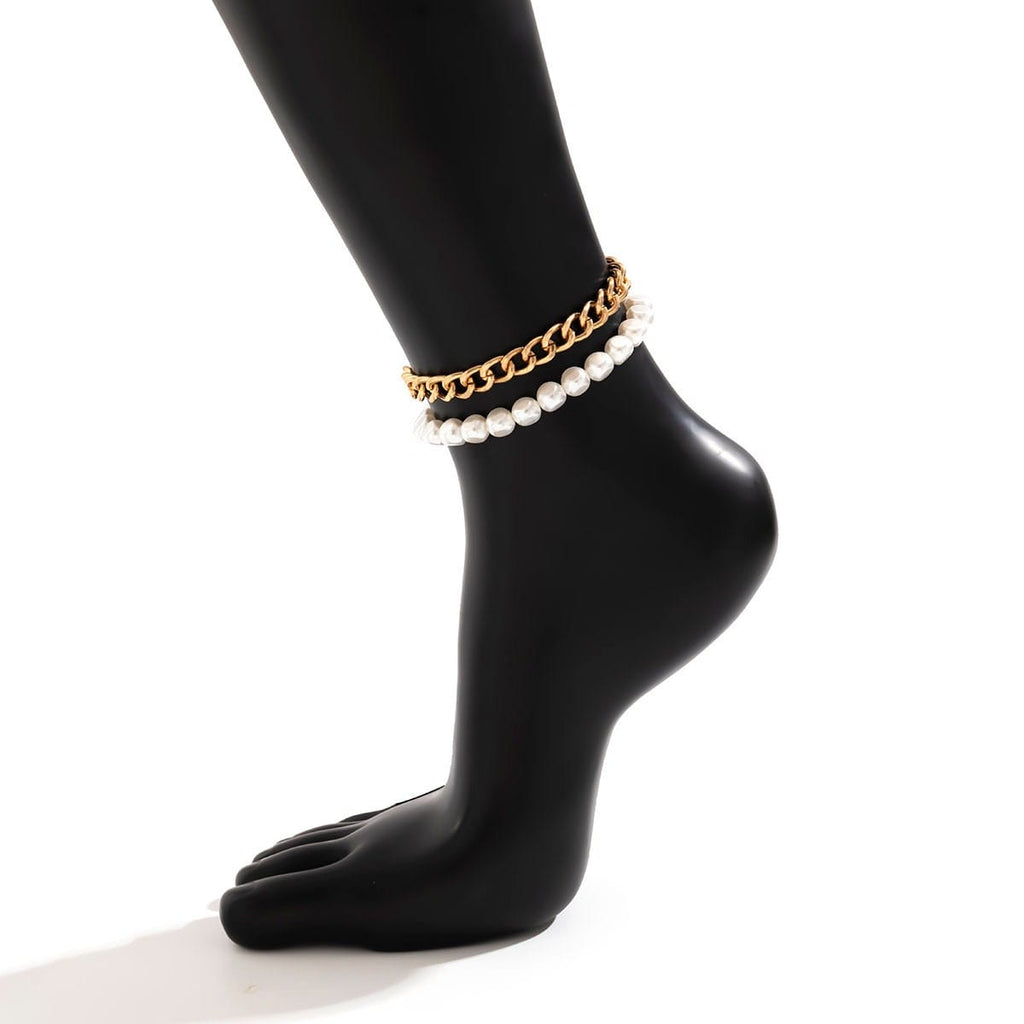 Bohemia 2 Pieces Pearl Curb Chain Anklet Set