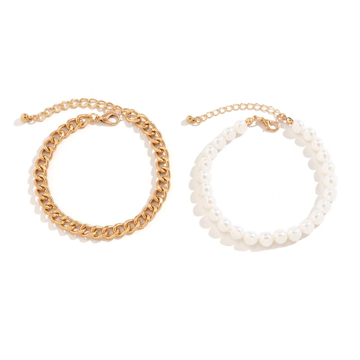 Bohemia 2 Pieces Pearl Curb Chain Anklet Set
