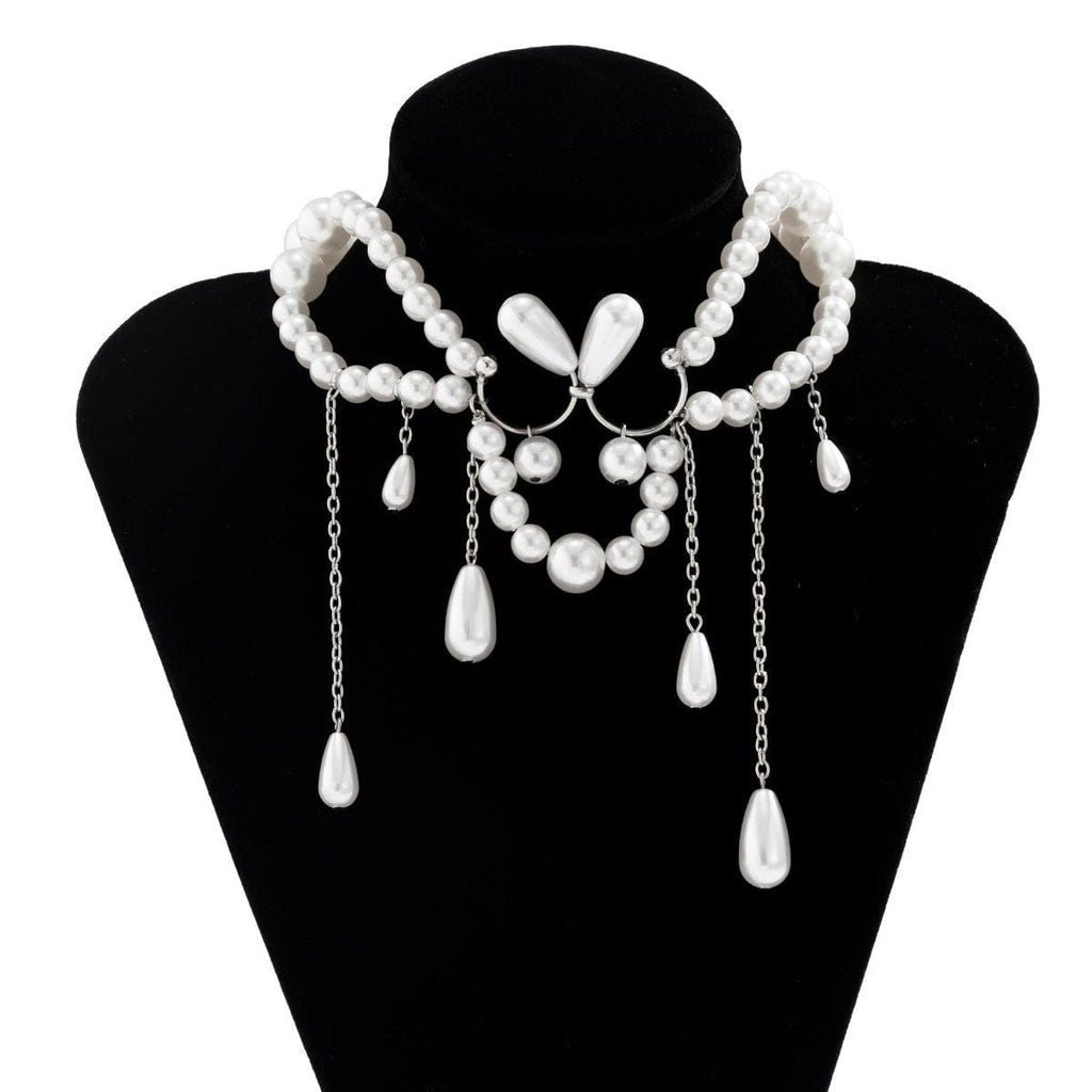 Bohemia Abstract Pattern Pearl Chain Tassel Choker Necklace