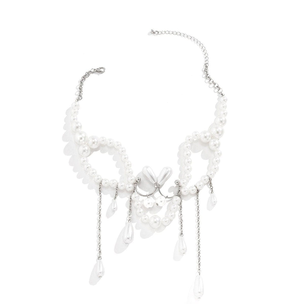Bohemia Abstract Pattern Pearl Chain Tassel Choker Necklace