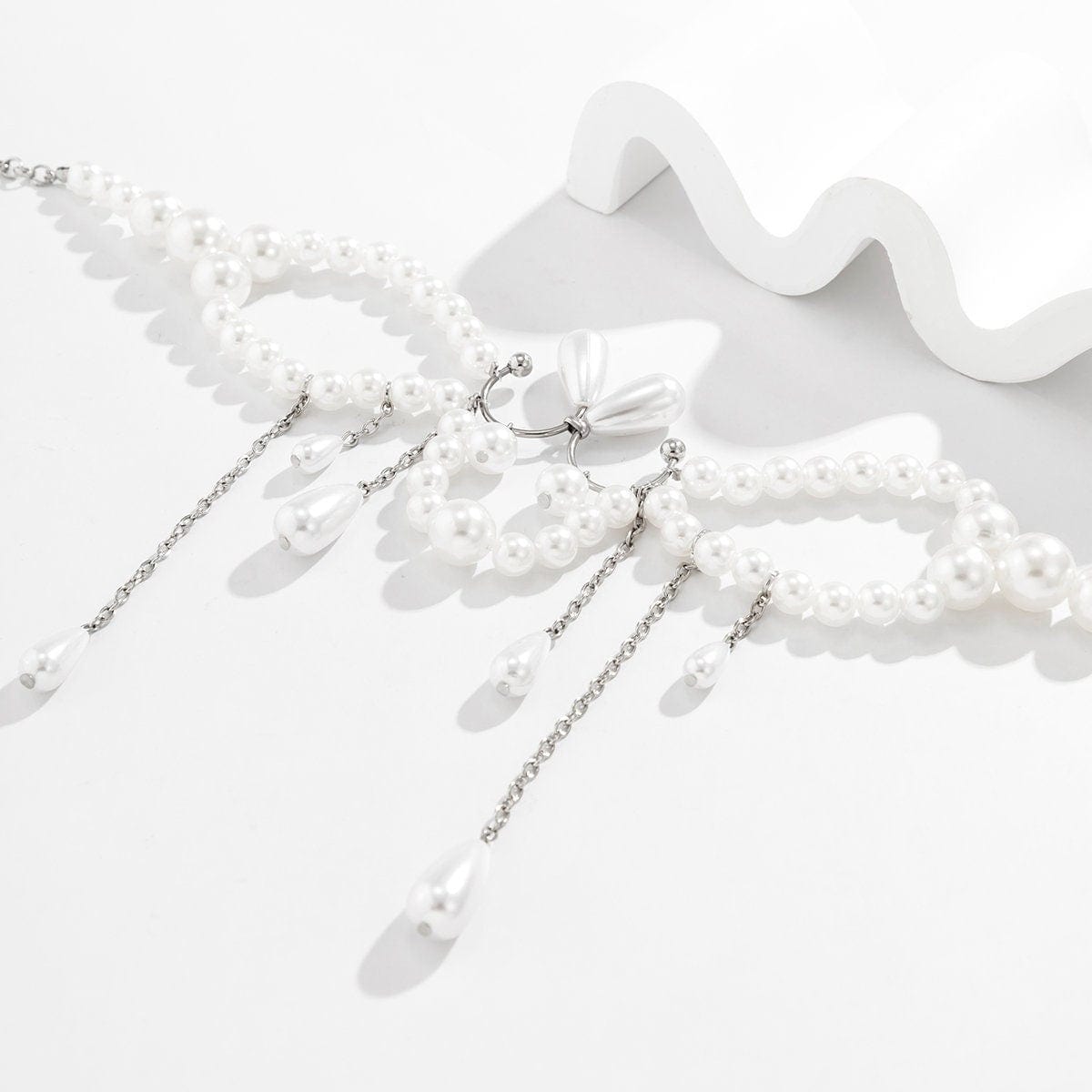 Bohemia Abstract Pattern Pearl Chain Tassel Choker Necklace